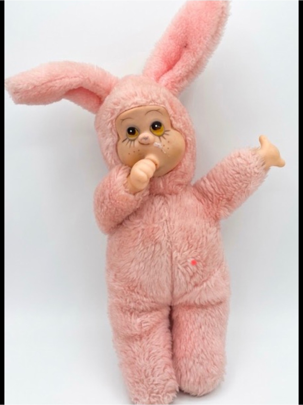 Vintage 1977 Russ Berrie Munchin Doll Pink Bunny Suit Plush Rubber Face 12" Rare